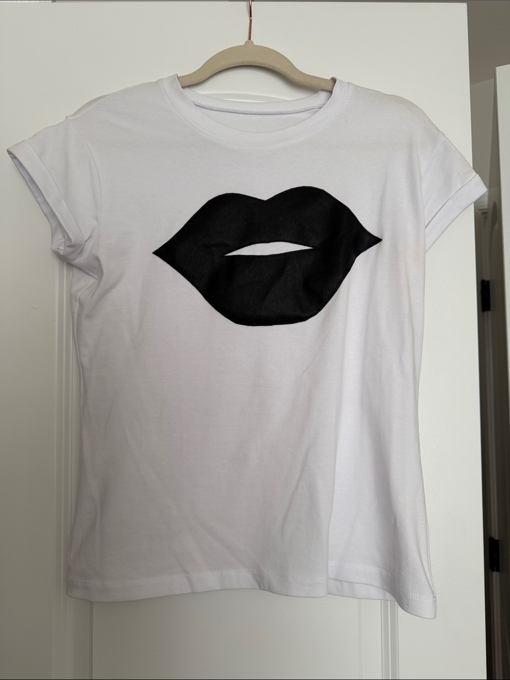 White Short Sleeve Tee with Black Lip Graphic - Women